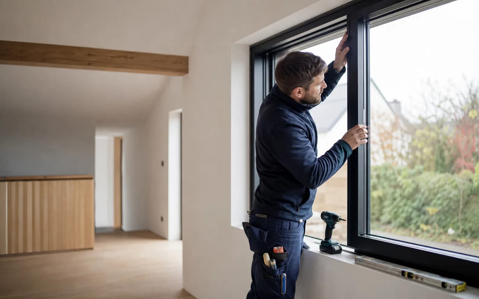 Fensterbauer bei der präzisen Montage eines großen, dunklen Fensterrahmens